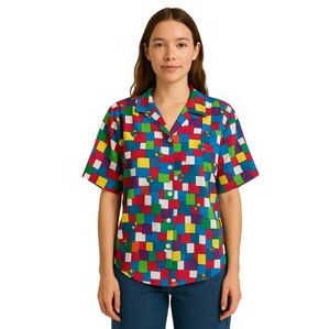 Rubik’s Cube Print Button-Up Shirt | Retro Gamer Colorblock Blouse Size M/L